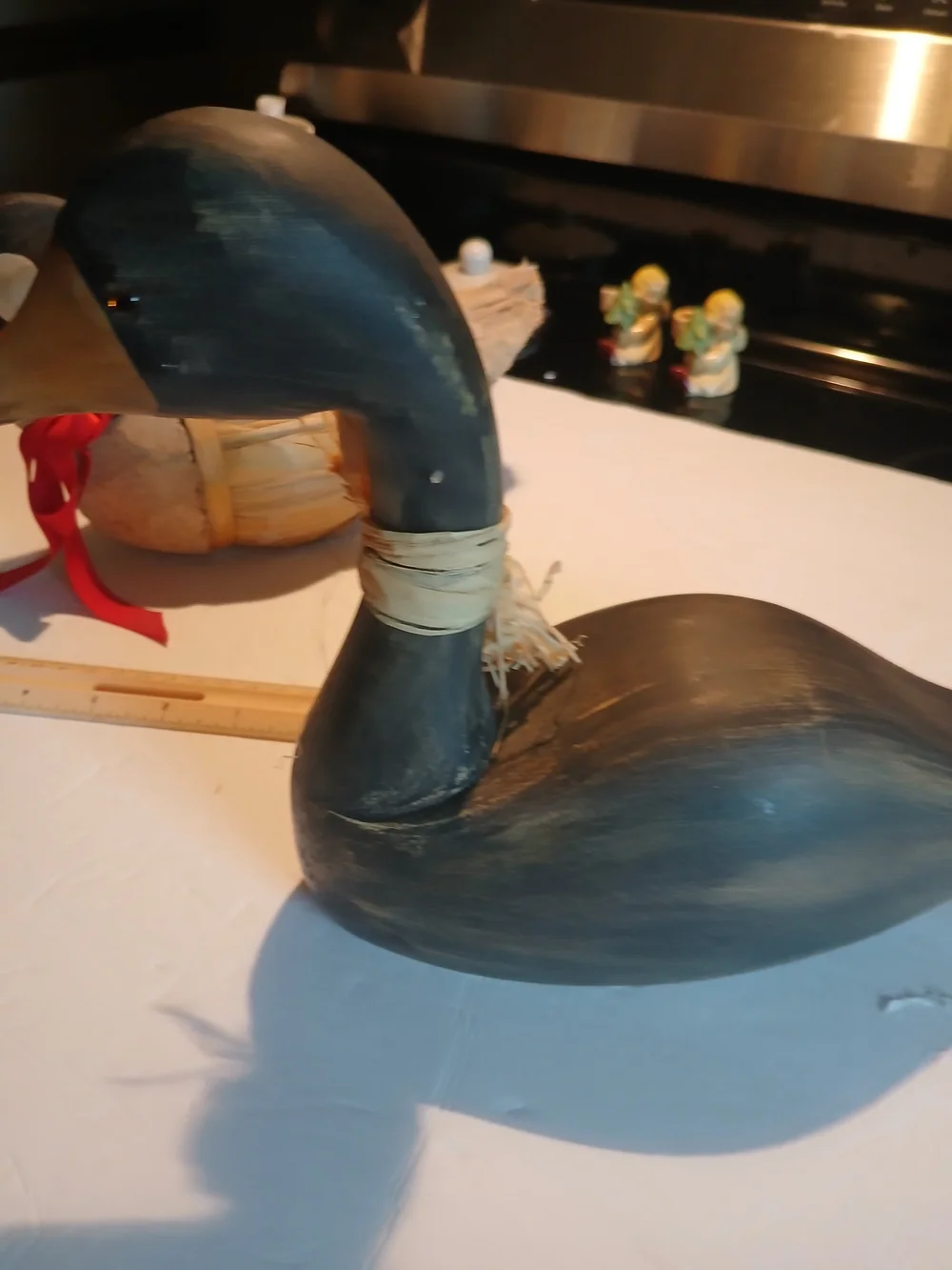 Source Unknown Black Wooden Duck Figurine with Raffia Accent